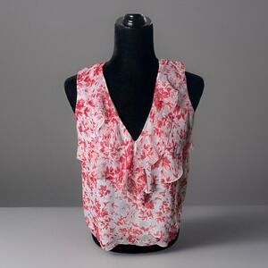 Intermix Red White Floral Silk Ruffle Sleeveless Blouse Top‎ Size Small